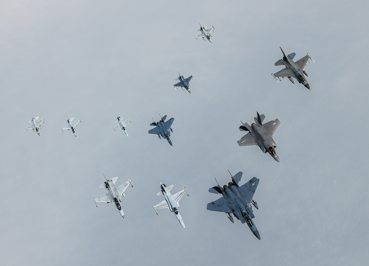Republic of Korea and U.S. military aircraft showcase airpower ahead of joint and bilateral military exercise Freedom Flag 25-1, April 18, 2025;from left, front row: ROK FA-50, F-5, KF-15 Slam Eagle, U.S. F-35B Lightning II and F-16 Fighting Falcon; from left, back row: ROK KF-16, FA-50, F-5,F-15K, U.S. F-16 and ROK F-16 (DOD)
